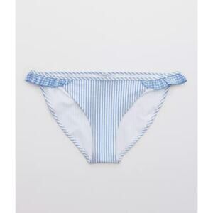 🔥 Aerie Blue White Stripe Seersucker Gingham Bikini Swim Bottoms Ruffle NWT M